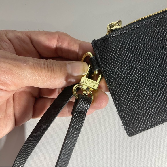 Steve Madden Black Zippered Four Card Wristlet w/Gold Hardware & Faux Gold Logo - Picture 4 of 16
